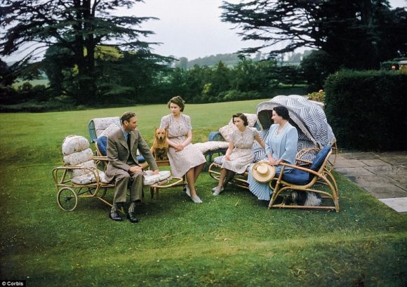 King George VI the queen mother princess margeret and elizabeth in the gardens of the royal lodge at Windsor